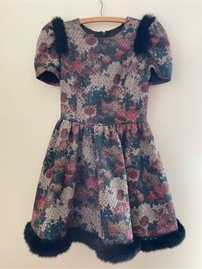RARE Y2K Vintage Bebe SAMPLE dress Gilded Brocade Fur and Stud Trim